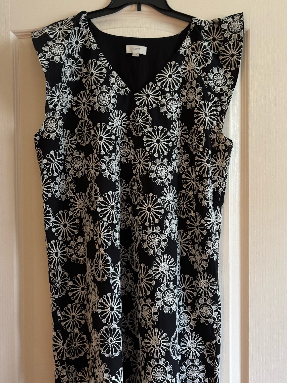 LOFT Black Top with White Floral Embroidery